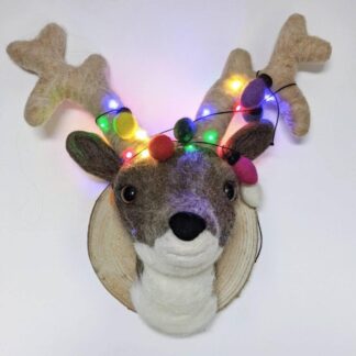 Comical reindeer stag faux taxidermy felt decorative Christmas head with lights - battery operated in hidden compartment