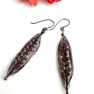 Dark Copper Herringbone Earrings with Red Gold Beads - TBCH