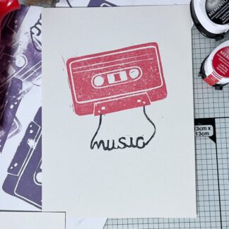 Mix tape linocut print, A5 cassette tape print