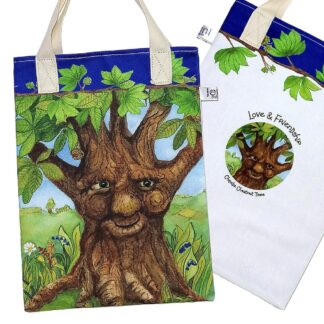Wildlife bookbag featuring Charlie Chestnut tree on the bag front. Blue trim on top edge with chestnut tree branch decoration and pale cream cotton handles.
