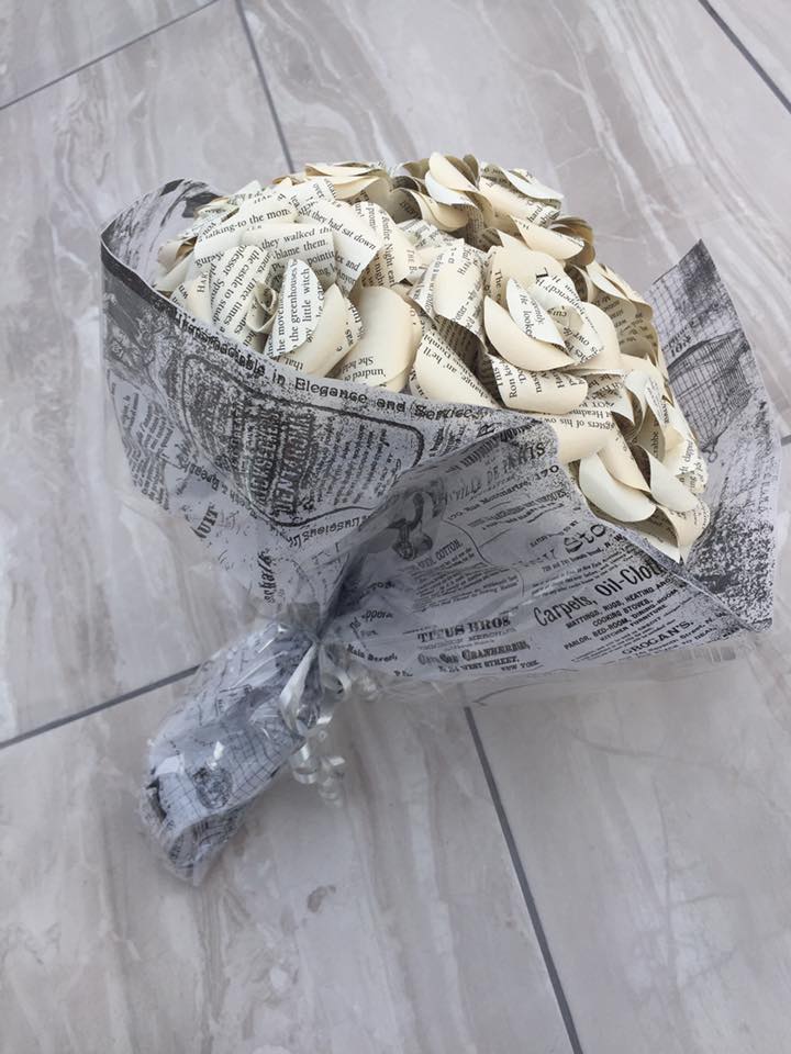 Book Page Paper Rose Bouquet - 5 Recycled book page paper flowers - Image 3