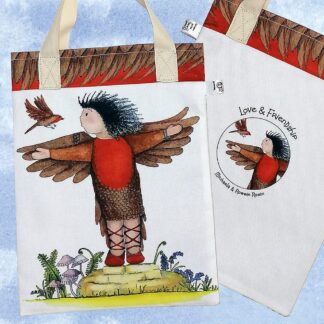 Bird bookbag featuring on the front toddler Michaela trying to fly in her bird costume with a red robin bird offering flying instructions. On reverse is the 'Love and Friendship logo with a little close up of Michaela and Robbie the bird. Feather design trim on top edge and pale cream cotton handles.