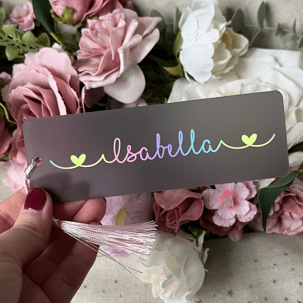 Personalised bookmark with pastel coloured rainbow name and heart detail - Image 2