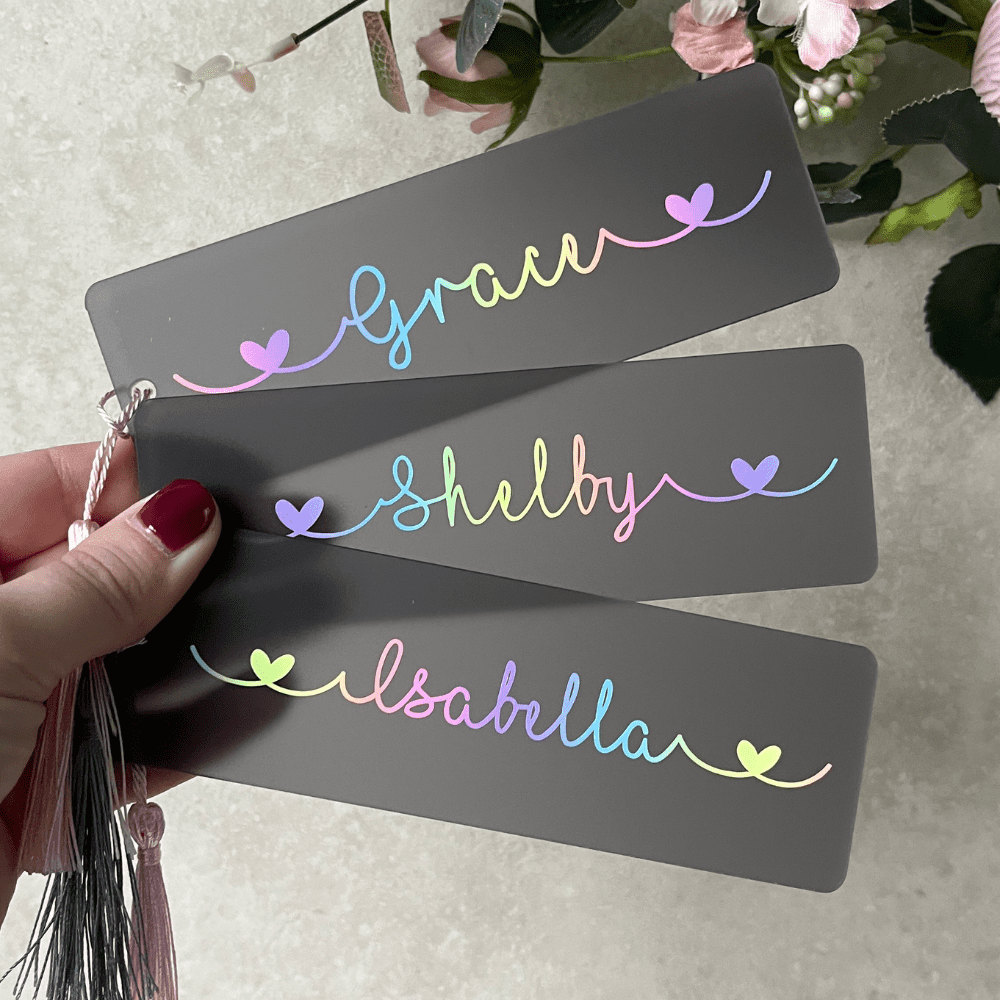 Personalised bookmark with pastel coloured rainbow name and heart detail - Image 3