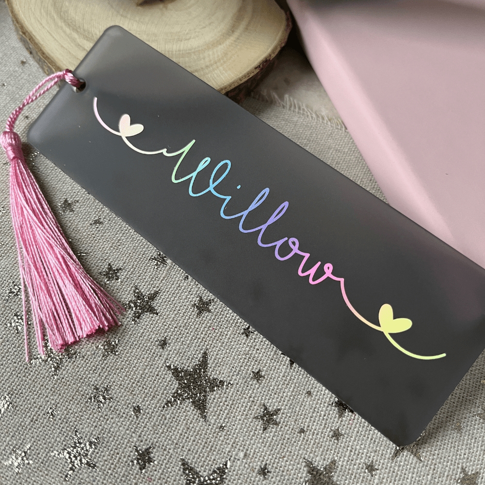 Personalised bookmark with pastel coloured rainbow name and heart detail - Image 4