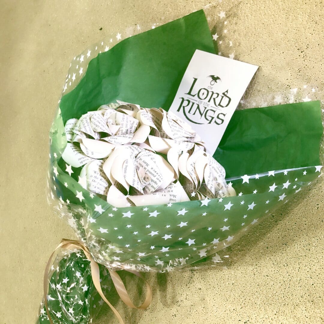 Book Page Paper Rose Bouquet - 5 Recycled Lord of the Rings book page paper flowers