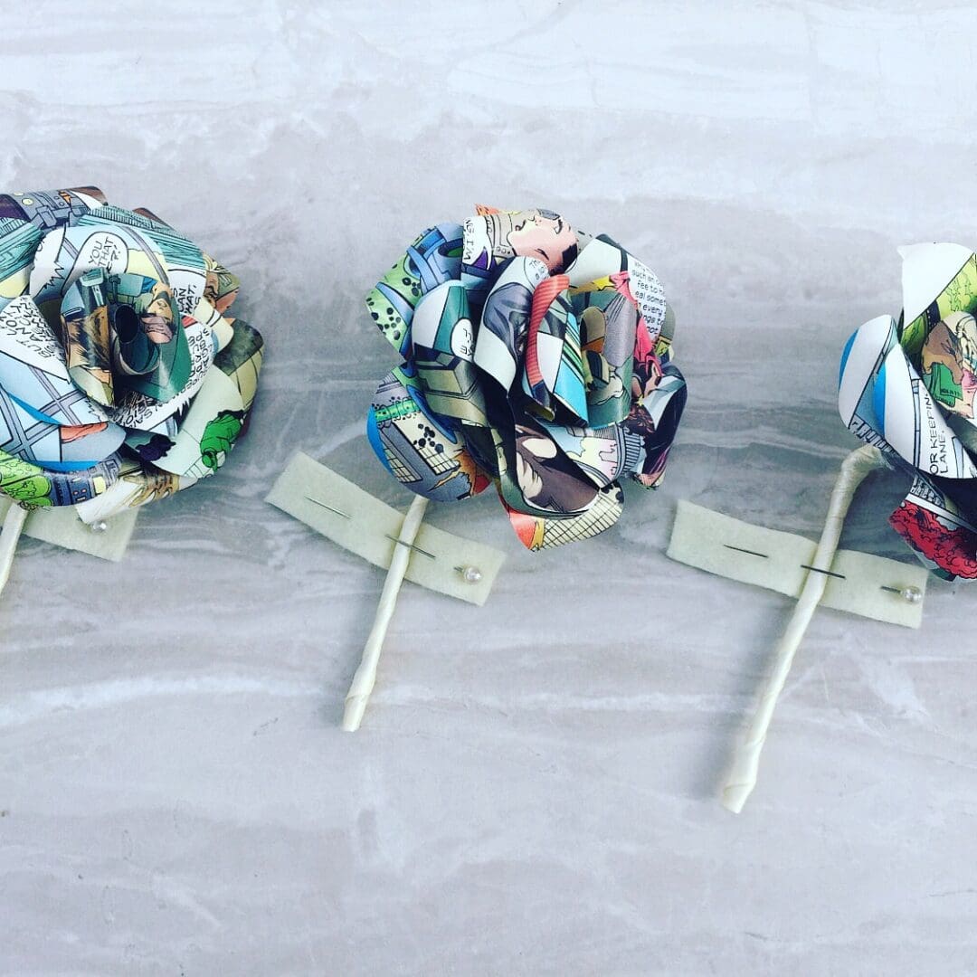 Comic book buttonhole, superhero flower buttonhole, wedding bouquet, comic book boutonnières, paper rose buttonhole, wedding flowers - Image 3