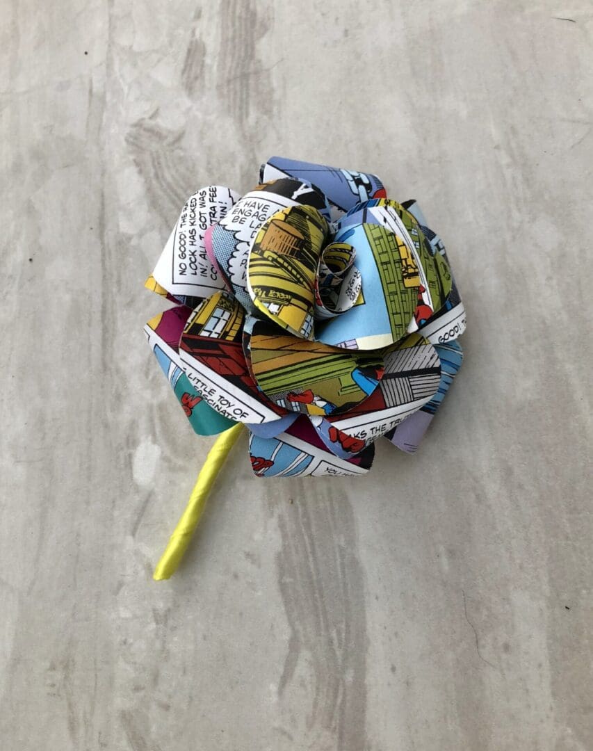 Comic book buttonhole, superhero flower buttonhole, wedding bouquet, comic book boutonnières, paper rose buttonhole, wedding flowers