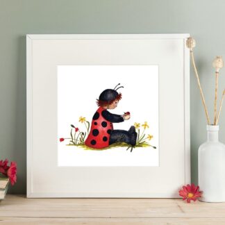 Print of a a young child dressed as her ladybug friend, sat amongst the flowers. Giclee print with a white mount. Shown in a readily available standard size square white frame