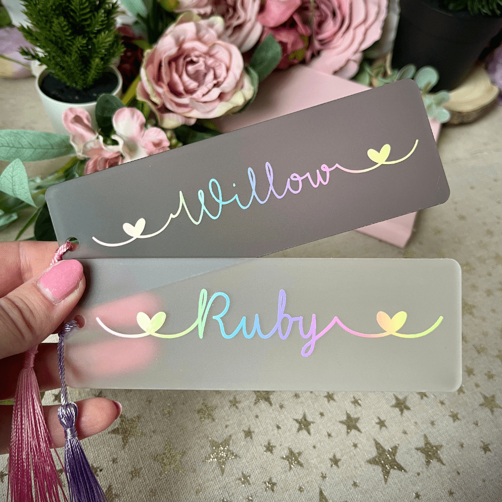 Personalised bookmark with pastel coloured rainbow name and heart detail - Image 5