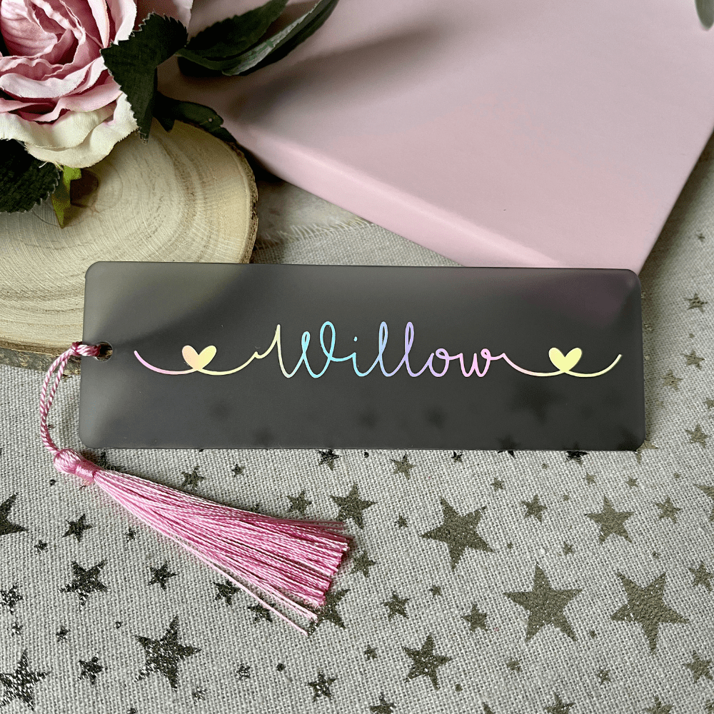 Personalised bookmark with pastel coloured rainbow name and heart detail - Image 6