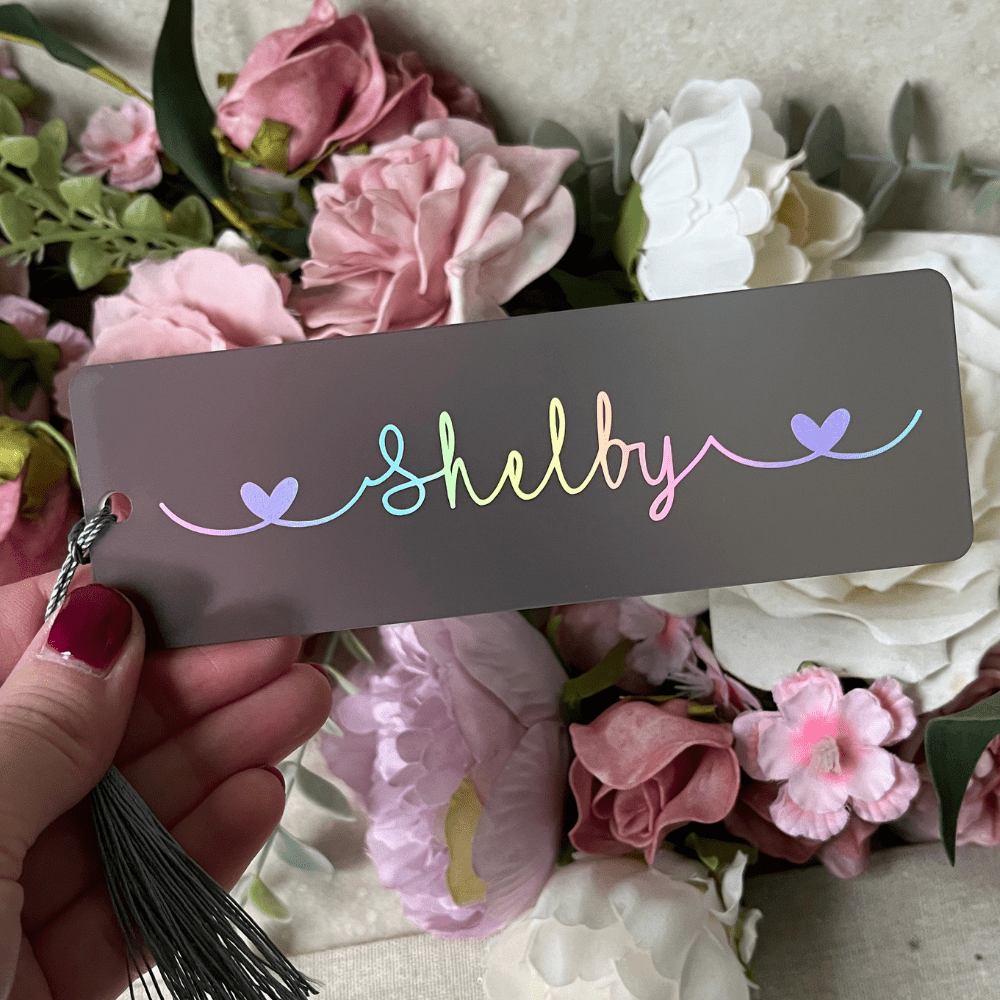 Personalised bookmark with pastel coloured rainbow name and heart detail - Image 7