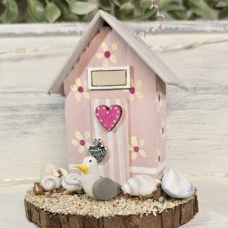 Pink Floral Mini Wooden Beach Hut Scene with Seashells and Seagull