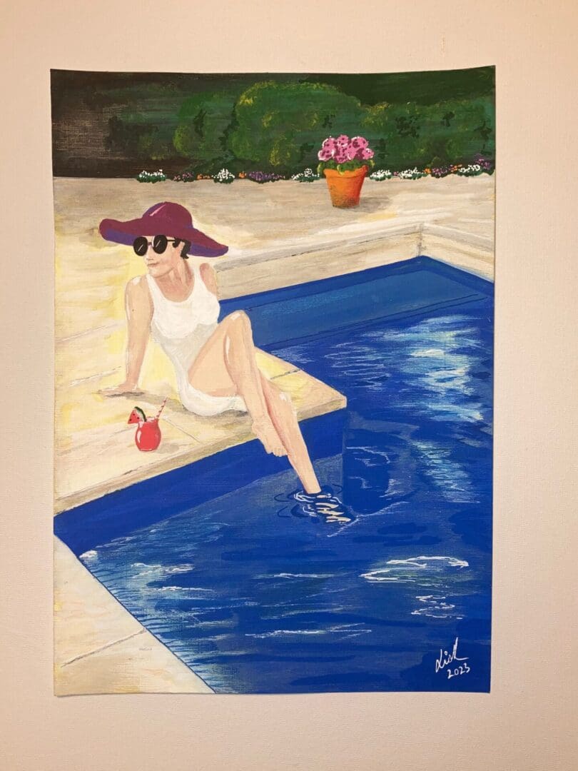 Original Art. Swimmer By Pool Framed Acrylic Painting. Swimmer Painting. Pool Cocktails. Gift for Swimmers. By Lidia Ranns. - Image 5
