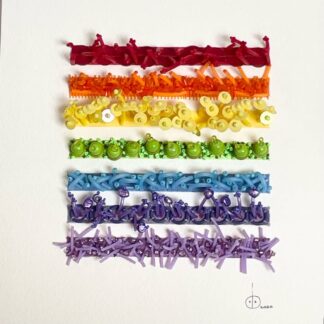 Beautiful beaded and embroidered picture in stripes . Each stripe is one of the colours of the rainbow.