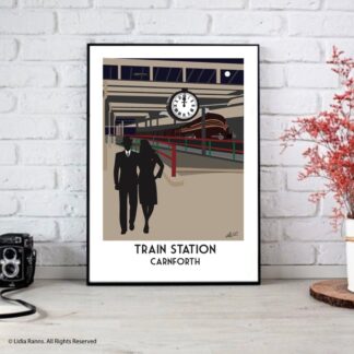 art deco travel poster style fine art print of Carnforth Train Station. Based on Brief encounter, the iconic clock and a couple walking together. The classic steam locomotive, the duchess of hamilton is also in view