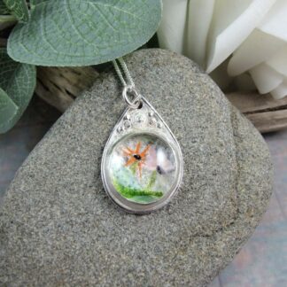 flower design glass set in recycled silver necklace