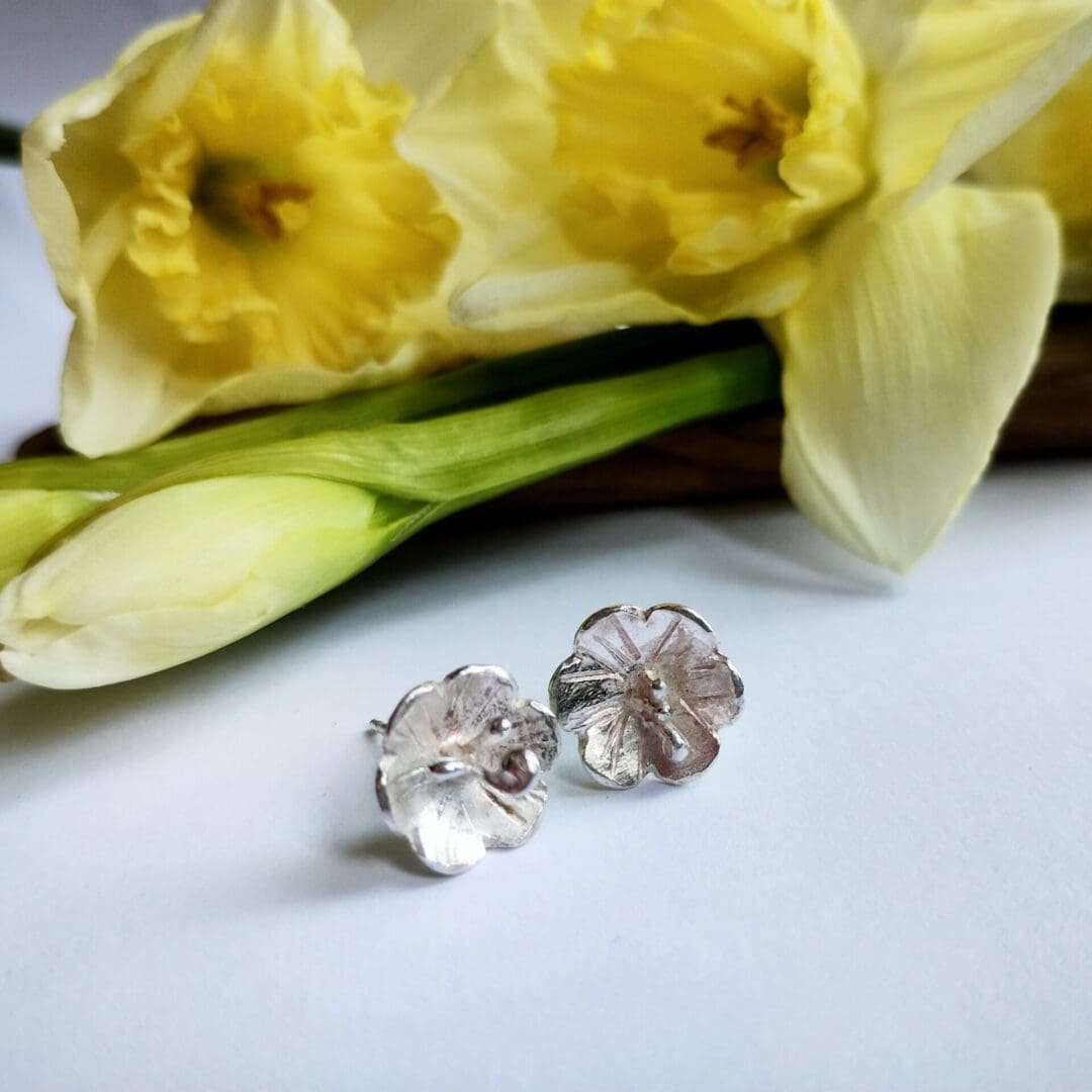 Flower Blossom Fine Silver Stud Earrings Sterling Silver - Image 2