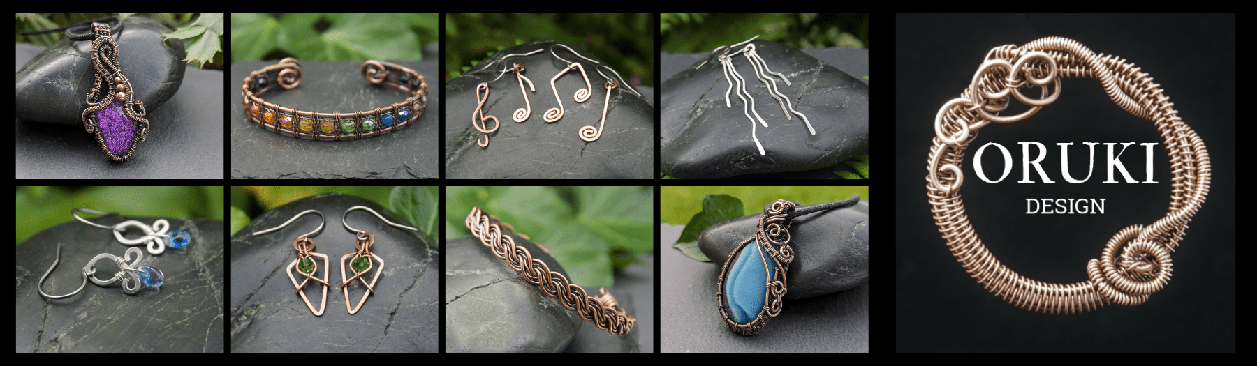 Oruki Design logo and collage of wire jewellery