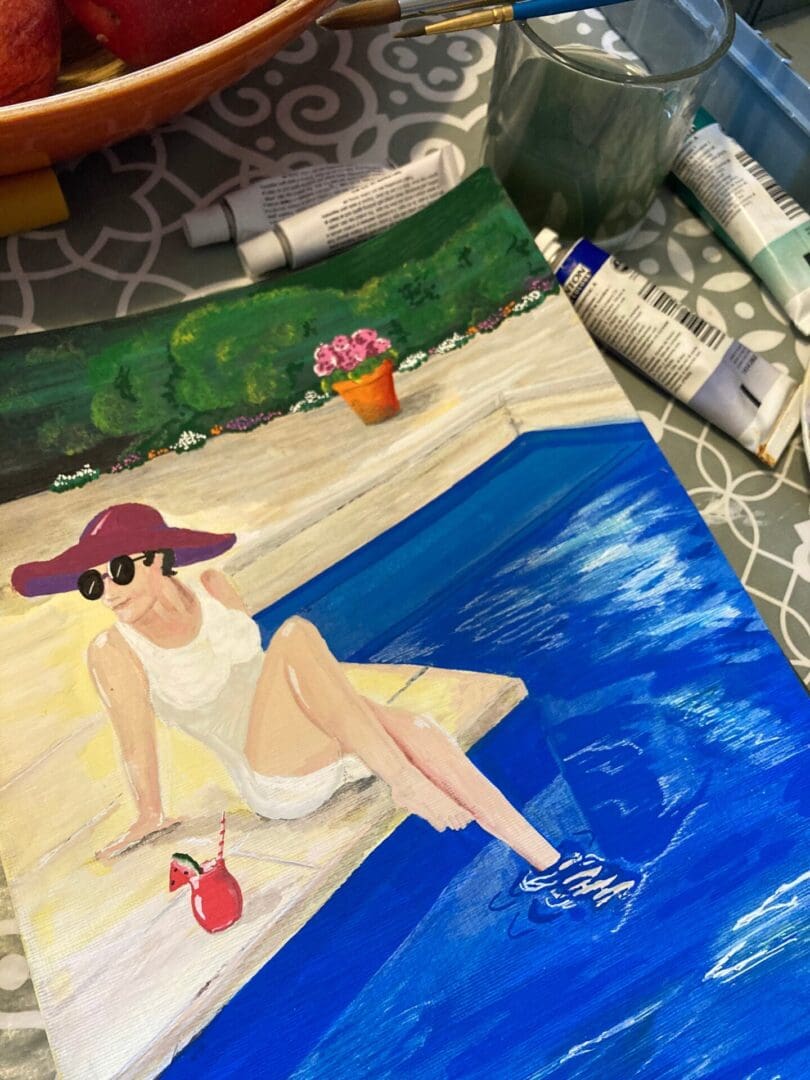 Original Art. Swimmer By Pool Framed Acrylic Painting. Swimmer Painting. Pool Cocktails. Gift for Swimmers. By Lidia Ranns. - Image 4