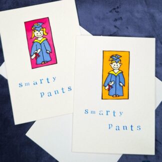 Handmade graduation congratulations card featuring characters wearing a University gown and mortar board.