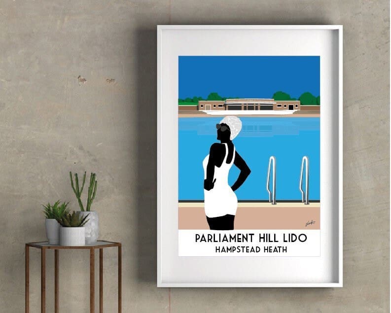 Parliament Hill Lido. Hampstead. London Print. Hampstead Heath. Art Deco Style. Bathing Belle. Swimmer. Lido Art Print Signed Giclee Print.
