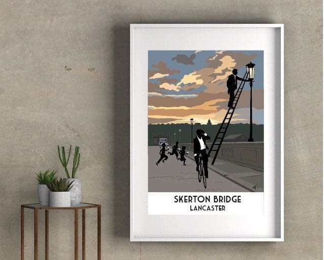 Lancaster in bygone days, Skerton Bridge. Lancashire - Travel Style Poster. Open Edition Art Print from original illustration by Lidia Ranns