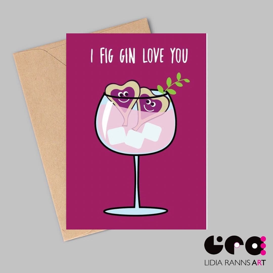 Valentine’s Day card. Cute illustrations. Fig Gin Love Hearts. Premium Quality 7x5”Valentine’s Day card.