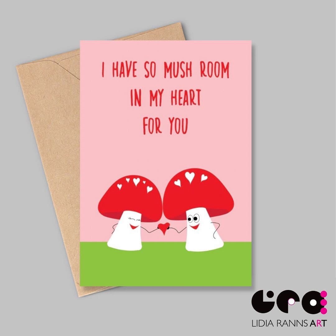 Valentine’s Day card. Cute illustrations. Mushrooms. Premium Quality 7x5”Valentine’s Day card.