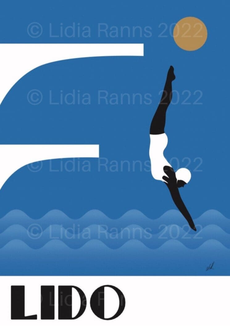 A4 Art Deco Lido. Bathing Belle. Premium Fine Art Small Giclée Print from original work by Lidia Ranns. Travel Poster Style A4 Design 2