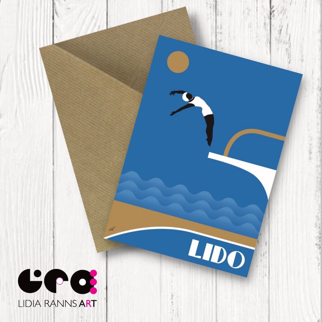 Lido. Diving Board. Bathing Belle. Art Deco Style. From Original Illustration By Lidia Ranns. Premium Quality 7x5” Greetings card. Design 1