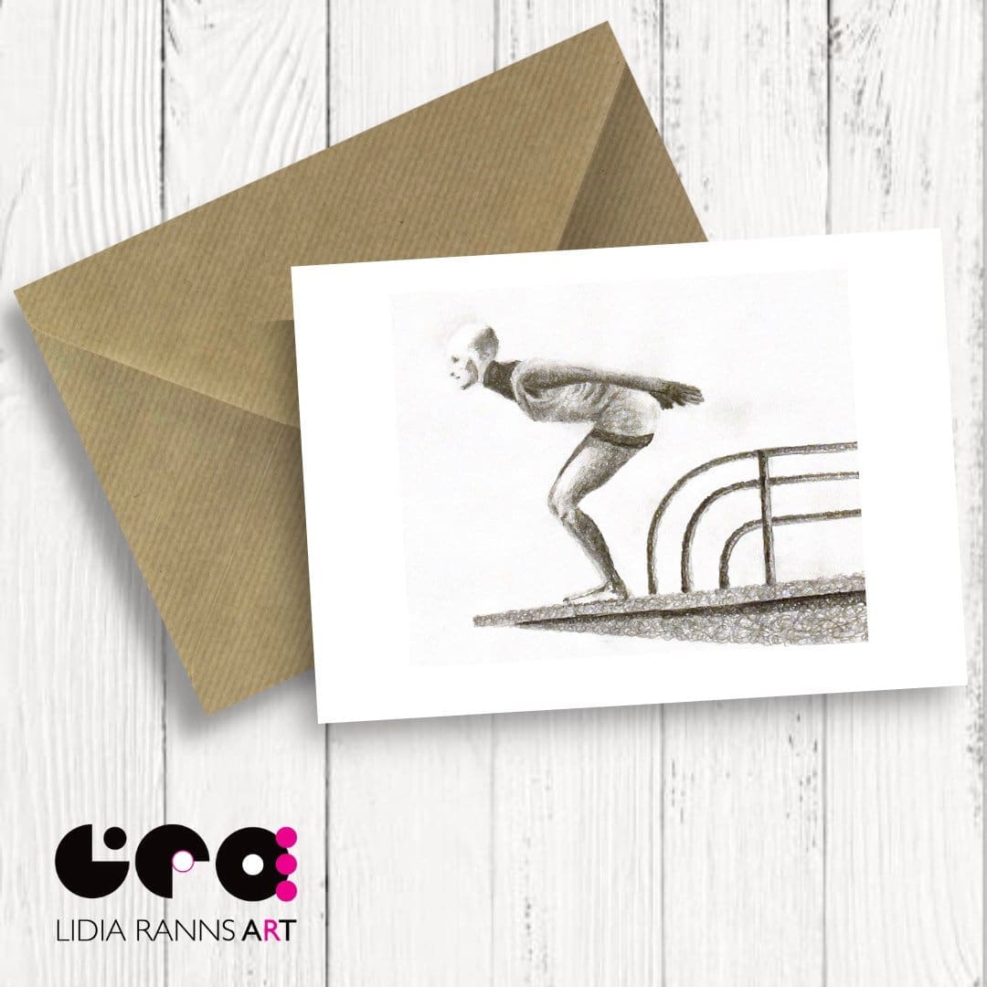 Bathing Belle Greeting Card. Swimmer. Art Deco Diver. Birthday Card. Greeting Card. From an original pencil drawing. Premium Quality 7x5”