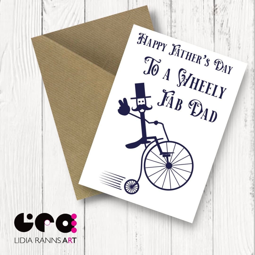 Fathers Day Card. Cycling. Penny Farthing. Victorian Style Cute illustrations. Premium Quality 7x5” Greetings Card. Card for Cyclists
