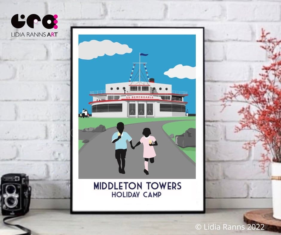 Limited Edition Morecambe - Middleton Towers-Pontins Holiday Camp. SS Berengaria. Art Deco Style Print from an original illustration.