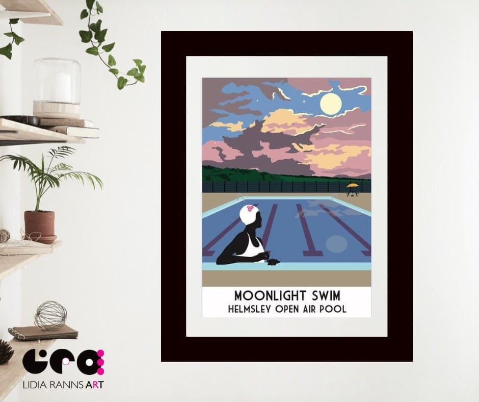 Helmsley Open Air Pool. York. Yorkshire. Art Deco Lido Bathing Belle vintage style giclee Art print from original art by Lidia Ranns.