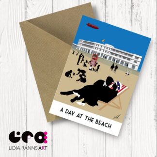 Morecambe, A Day At The Beach. Vintage style Art Deco scene from original artwork by Lidia Ranns. Premium 7x5” greetings card