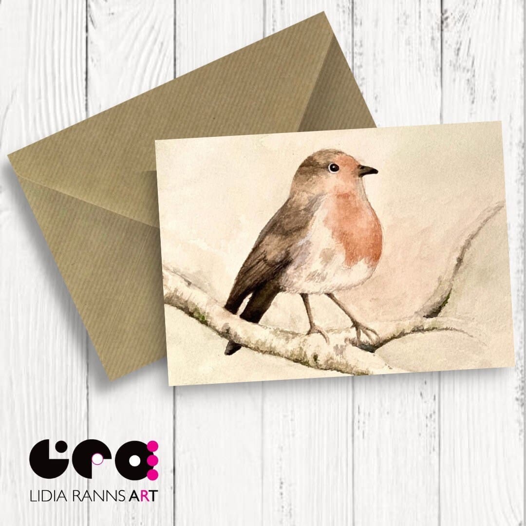 Little Robin Red Breast Greeting Card Birthday Christmas. From an original watercolour Premium Quality 7x5” by Lancaster artist Lidia Ranns