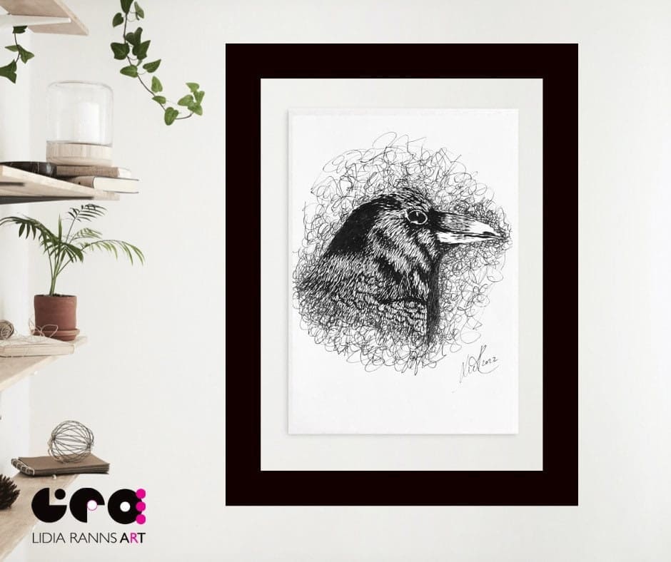 Raven Art Print. Bird Lovers Gift. Raven Ink Drawing. Raven Wall Decor. Giclée Print from original work by Lidia Ranns
