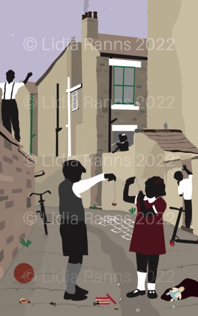 Conker Fight in Bygone Times ‘It’s a Sixer’ - Limited Edition Lancashire Cobbled Street . Lancaster. Morecambe. Preston. Northern Art Giclee