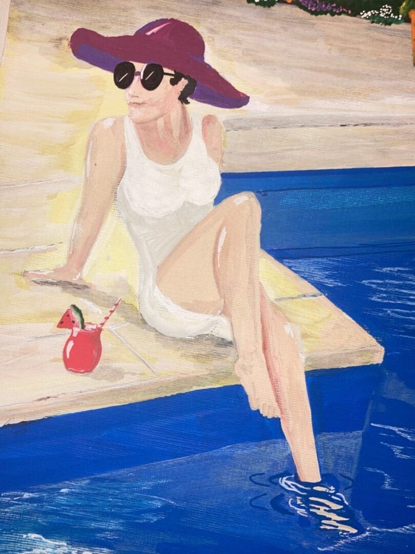 Original Art. Swimmer By Pool Framed Acrylic Painting. Swimmer Painting. Pool Cocktails. Gift for Swimmers. By Lidia Ranns.