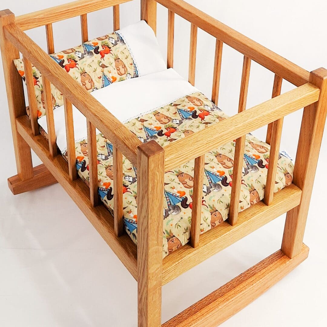 Animal Adventure - New Dolls Cradle Bed Cot With Vintage Vibes, Oak Or Beech Frame, Timeless Fabrics Made By Ambel Crafts - Image 4