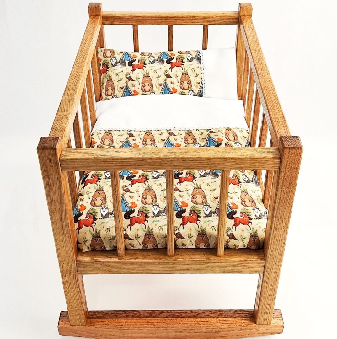 Animal Adventure - New Dolls Cradle Bed Cot With Vintage Vibes, Oak Or Beech Frame, Timeless Fabrics Made By Ambel Crafts - Image 2