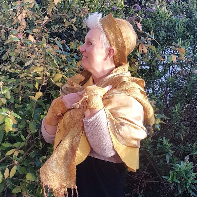 Golden Hour silk wool shawl botanical print marian may textile art