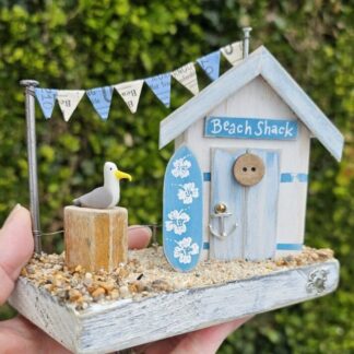 Weathered Beach Shack in Blue and White with Surfboard and Seagull