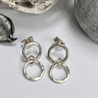 Hammered silver double circle drop earrings with post back