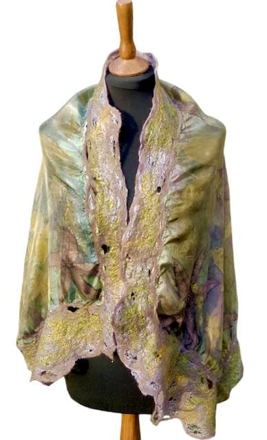 Botanic Garden: Moss Green Leaf Print Silk and Wool Scarf or Shawl - Image 3