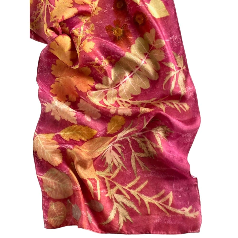 Magenta Queen Silk Twill Scarf Botanically Printed with Leaves and Flowers marian may textile art