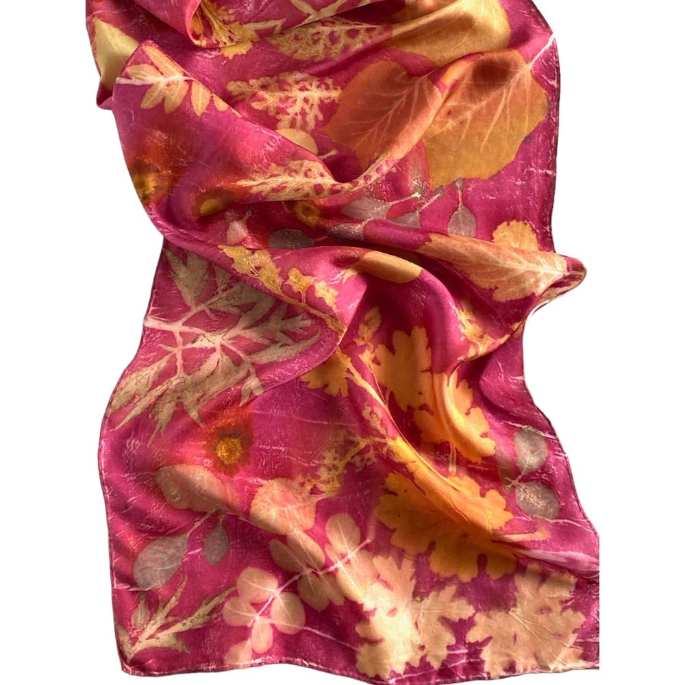 Magenta Queen Silk Twill Scarf Botanically Printed with Leaves and Flowers marian may textile art