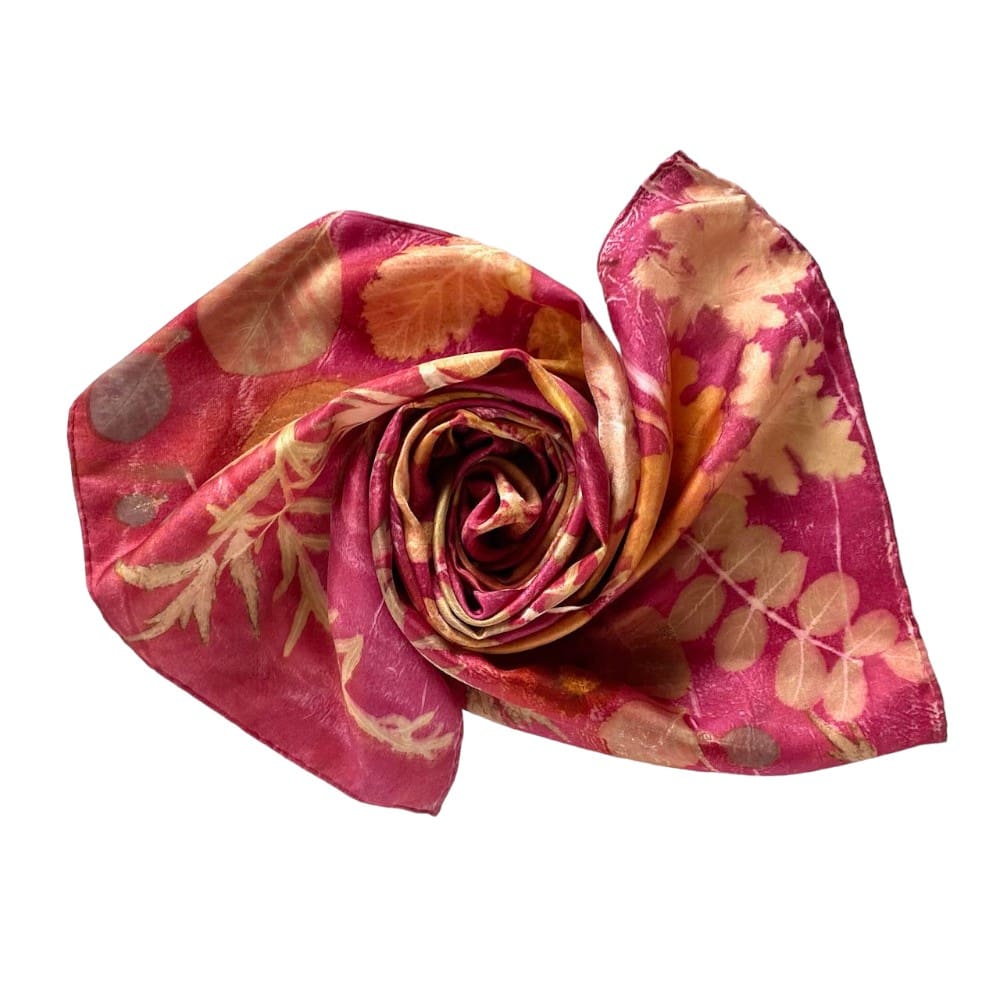Magenta Queen Silk Twill Scarf Botanically Printed with Leaves and Flowers marian may textile art
