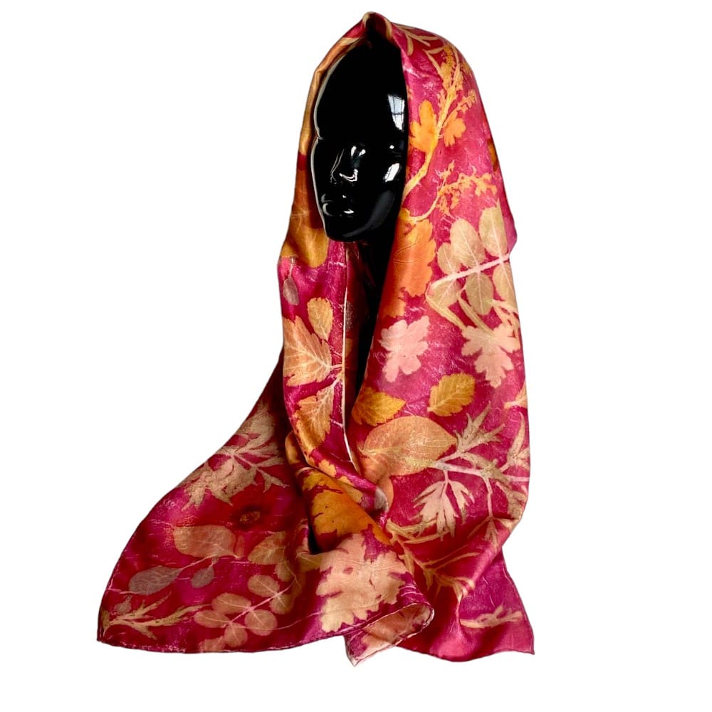 Magenta Queen Silk Twill Scarf Botanically Printed with Leaves and Flowers marian may textile art